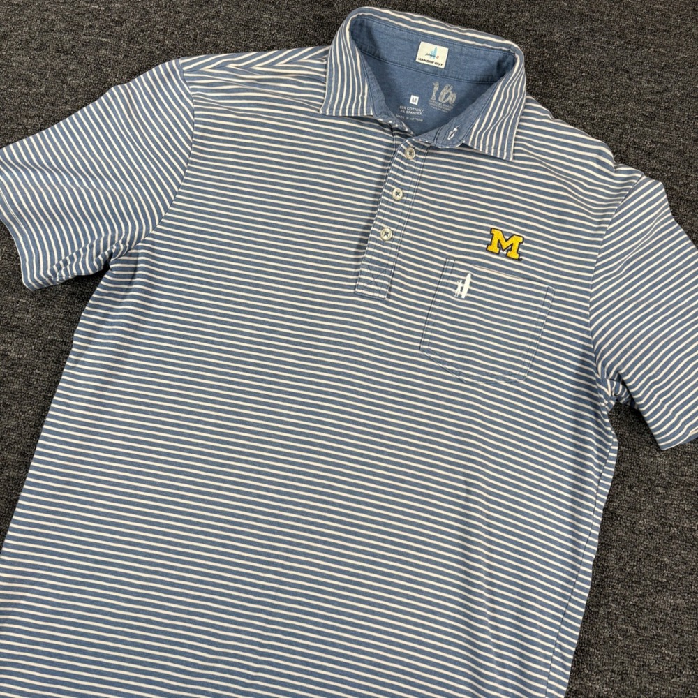 Johnnie-O Polo Shirt Mens Medium Blue Michigan Wolverines Striped Short Sleeve